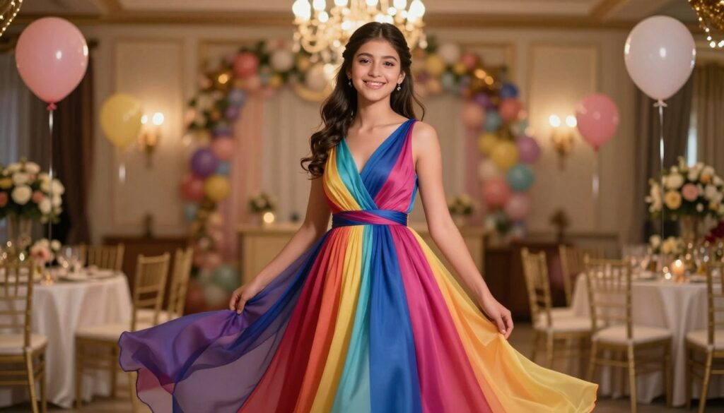 A beautiful young woman stands elegantly in a stylish, vibrant dress suitable for an 18th birthday celebration. The dress features a rich, eye-catching color with flowing fabric that drapes gracefully around her figure. In the foreground, she smiles radiantly, showcasing her youthful charm and confidence. In the middle, a soft focus on decorative elements such as balloons and party decorations creates an inviting atmosphere. The background is a tastefully decorated event space that evokes a festive feel, with warm, ambient lighting that enhances the colors of the dress. The image has a dreamy quality, captured with a shallow depth of field, highlighting the main subject while subtly blending the background. The overall mood is joyful and celebratory, perfect for illustrating the elegance of choosing the right color for a special occasion. A beautiful young woman stands elegantly in a stylish, vibrant dress suitable for an 18th birthday celebration. The dress features a rich, eye-catching color with flowing fabric that drapes gracefully around her figure. In the foreground, she smiles radiantly, showcasing her youthful charm and confidence. In the middle, a soft focus on decorative elements such as balloons and party decorations creates an inviting atmosphere. The background is a tastefully decorated event space that evokes a festive feel, with warm, ambient lighting that enhances the colors of the dress. The image has a dreamy quality, captured with a shallow depth of field, highlighting the main subject while subtly blending the background. The overall mood is joyful and celebratory, perfect for illustrating the elegance of choosing the right color for a special occasion.