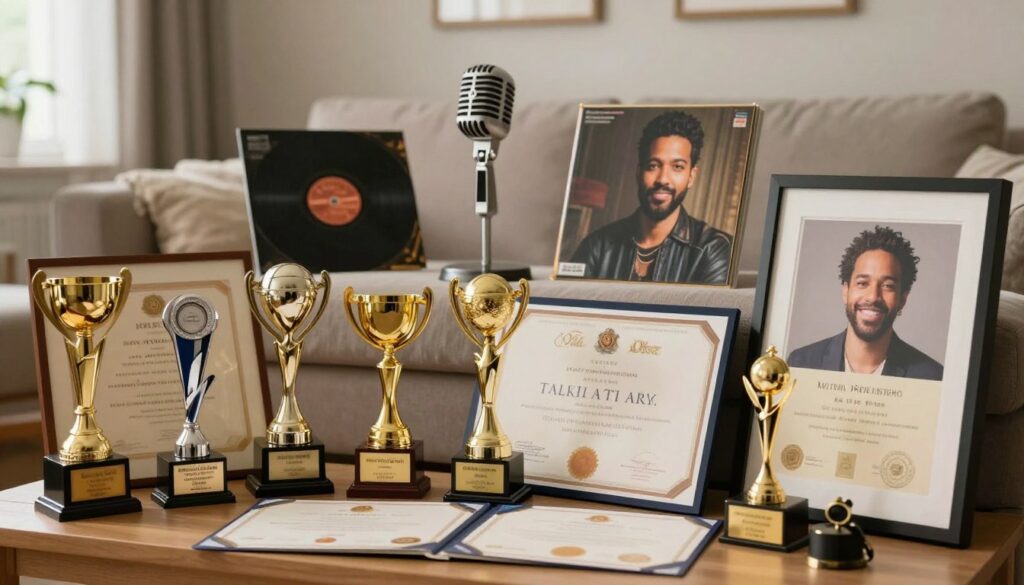 A beautifully arranged display of an artist's collection of awards and personal mementos. In the foreground, showcase an array of gleaming trophies and elegant certificates, each reflecting light in soft hues. Include a framed portrait of the artist, exuding a warm and inviting aura. In the middle ground, add various personal items that tell a story, such as a vintage microphone and a cherished album, all set against a softly blurred background of a cozy home interior. Utilize warm, natural lighting to enhance the intimate atmosphere, with soft shadows creating depth. The angle should be slightly elevated to capture the richness of the collection, evoking a sense of pride and nostalgia. A beautifully arranged display of an artist's collection of awards and personal mementos. In the foreground, showcase an array of gleaming trophies and elegant certificates, each reflecting light in soft hues. Include a framed portrait of the artist, exuding a warm and inviting aura. In the middle ground, add various personal items that tell a story, such as a vintage microphone and a cherished album, all set against a softly blurred background of a cozy home interior. Utilize warm, natural lighting to enhance the intimate atmosphere, with soft shadows creating depth. The angle should be slightly elevated to capture the richness of the collection, evoking a sense of pride and nostalgia.