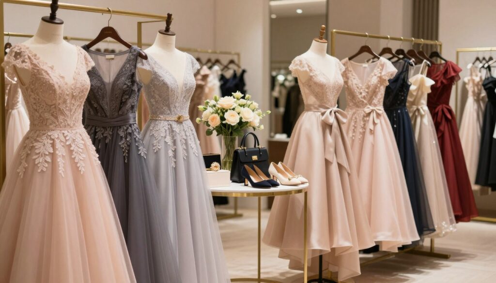A beautifully arranged display of elegant dresses, showcasing a variety of styles and colors for a special birthday celebration. In the foreground, highlight a selection of high-quality, intricately designed dresses with attention to fabric details and finishes like lace and satin. The middle ground features chic accessories such as handbags and shoes, enhancing the overall theme of sophistication. The background includes a soft-focus boutique setting, adorned with elegant floral arrangements and tasteful decor to create an inviting shopping atmosphere. The scene is well-lit with warm, diffused lighting, evoking a celebratory mood. Capture the essence of quality and style, focusing on the craftsmanship and character of the dresses, suitable for an 18th birthday celebration. A beautifully arranged display of elegant dresses, showcasing a variety of styles and colors for a special birthday celebration. In the foreground, highlight a selection of high-quality, intricately designed dresses with attention to fabric details and finishes like lace and satin. The middle ground features chic accessories such as handbags and shoes, enhancing the overall theme of sophistication. The background includes a soft-focus boutique setting, adorned with elegant floral arrangements and tasteful decor to create an inviting shopping atmosphere. The scene is well-lit with warm, diffused lighting, evoking a celebratory mood. Capture the essence of quality and style, focusing on the craftsmanship and character of the dresses, suitable for an 18th birthday celebration.