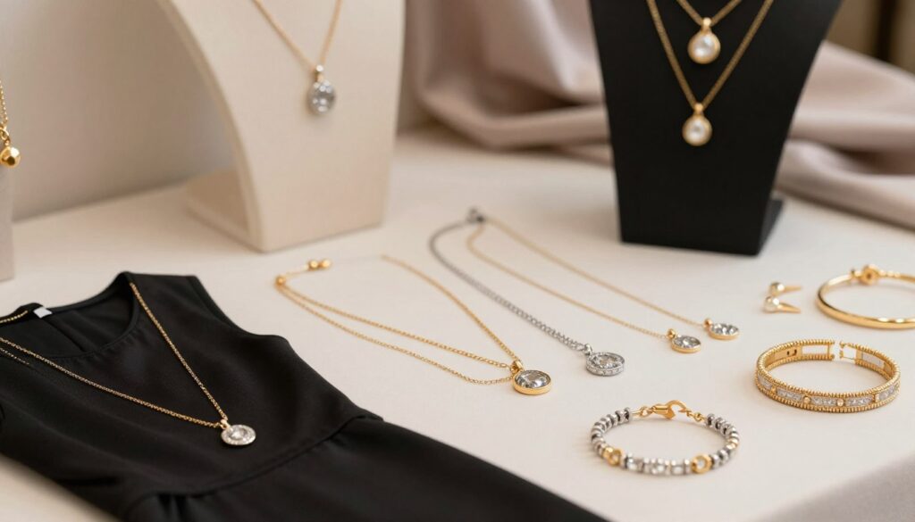A beautifully arranged display of elegant jewelry set against a softly blurred background. In the foreground, showcase a variety of exquisite necklaces, earrings, and bracelets that complement a classic black dress; incorporate gold and silver tones, sparkling gemstones, and minimalist designs. In the middle, elegantly overlap some pieces to demonstrate layering, highlighting the contrast between delicate chains and statement pieces. Soft, diffused lighting gently illuminates the jewelry, creating a warm and inviting atmosphere. For the background, use a subtle hint of fabric texture, like silk or satin, in muted colors to convey sophistication. The composition should evoke a sense of elegance and versatility, suitable for wedding, dinner, and formal occasions. Focus on clean lines and a balanced arrangement to highlight the beauty of mixing different jewelry styles.