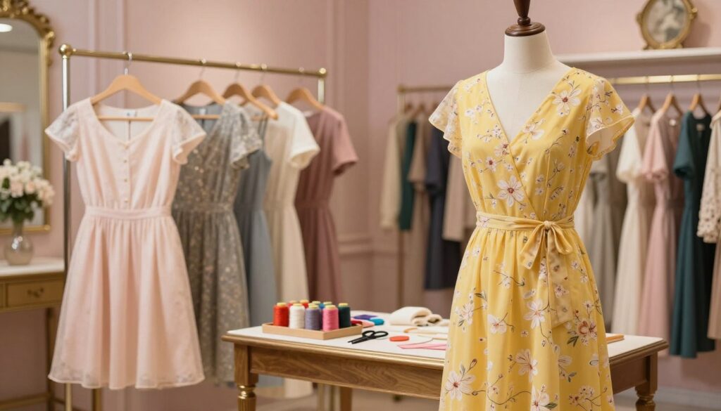 A beautifully arranged display of various stylish dresses, showcasing different lengths and designs. In the foreground, a bright, elegant dress hangs on a wooden mannequin, adorned with delicate floral patterns. To the left, a shorter dress is positioned on a sleek clothing rack, highlighted by a soft light that accentuates its fabric texture. In the middle ground, a sewing kit with colorful threads and scissors lies on a polished table, suggesting DIY alterations. The background features a softly blurred boutique setting with pastel-colored walls and vintage decor, creating a warm, inviting atmosphere. The lighting is soft and diffused, enhancing the overall elegance of the scene, while retaining a professional yet approachable mood.