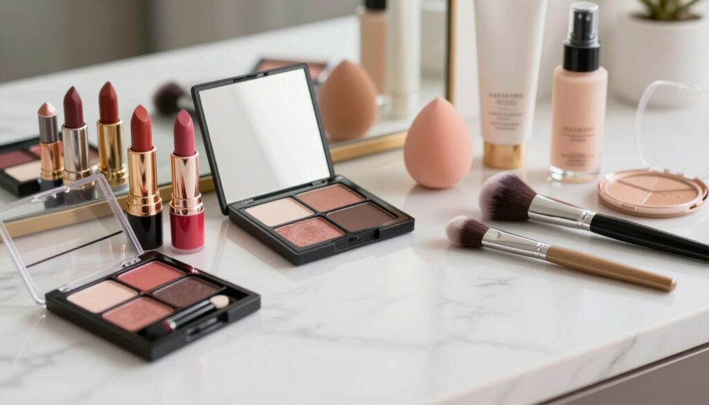 A beautifully arranged makeup display featuring essential cosmetics and accessories for achieving a flawless look. In the foreground, vibrant lipsticks in various shades, eyeshadow palettes with rich colors and shimmer, and professional brushes with elegant handles are thoughtfully placed on a sleek marble surface. The middle ground showcases a compact mirror reflecting soft, warm lighting, highlighting the textures of the products. In the background, soft-focus beauty sponges, a skincare primer, and setting spray complete the scene, creating a sense of artistry and sophistication. The overall mood is inviting and creative, with a bright atmosphere enhanced by gentle natural light. Capture this scene from a slightly elevated angle, allowing for a clear view of the products and their beautiful arrangement, ensuring no text or logos disrupt the visual harmony. A beautifully arranged makeup display featuring essential cosmetics and accessories for achieving a flawless look. In the foreground, vibrant lipsticks in various shades, eyeshadow palettes with rich colors and shimmer, and professional brushes with elegant handles are thoughtfully placed on a sleek marble surface. The middle ground showcases a compact mirror reflecting soft, warm lighting, highlighting the textures of the products. In the background, soft-focus beauty sponges, a skincare primer, and setting spray complete the scene, creating a sense of artistry and sophistication. The overall mood is inviting and creative, with a bright atmosphere enhanced by gentle natural light. Capture this scene from a slightly elevated angle, allowing for a clear view of the products and their beautiful arrangement, ensuring no text or logos disrupt the visual harmony.