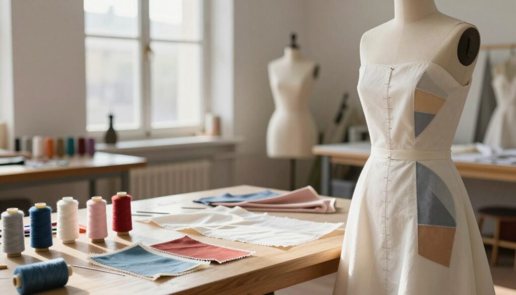 A beautifully arranged scene showcasing various techniques for sewing inserts into dresses. In the foreground, display an elegant mannequin draped in a partially completed dress, emphasizing the carefully sewn inserts in different styles and locations. In the middle, include tools such as sewing needles, threads in various colors, and fabric swatches to illustrate the process. In the background, use a softly lit workshop ambiance, with large windows allowing natural light to flood in, casting gentle shadows across the room. The overall mood should evoke creativity and craftsmanship, with a warm and inviting atmosphere. The focus should be on the sewing techniques rather than human subjects, ensuring a professional and aesthetic presentation.