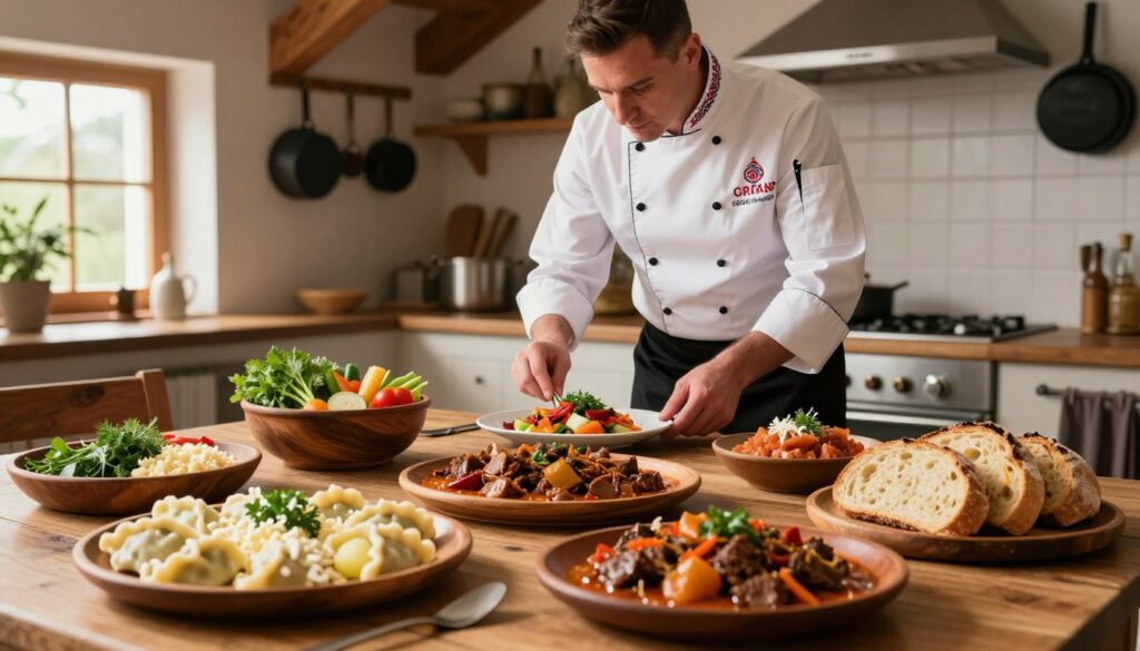 A beautifully arranged table showcasing traditional Polish culinary style. In the foreground, vibrant dishes like pierogi filled with potatoes and cheese, Bigos (hunter's stew), and freshly baked bread are artistically presented on rustic wooden plates and bowls. Beside them, colorful garnishes of herbs and vegetables add freshness. In the middle, an elegant, well-dressed chef, wearing a white culinary jacket and black trousers, inspects a dish, embodying a modern approach to classic flavors. The background features a warm, inviting kitchen with wooden beams, pots hanging, and natural light streaming through a window, creating a cozy and authentic atmosphere that celebrates Polish cuisine. The overall mood is warm, inviting, and celebratory of traditional tastes infused with contemporary flair.