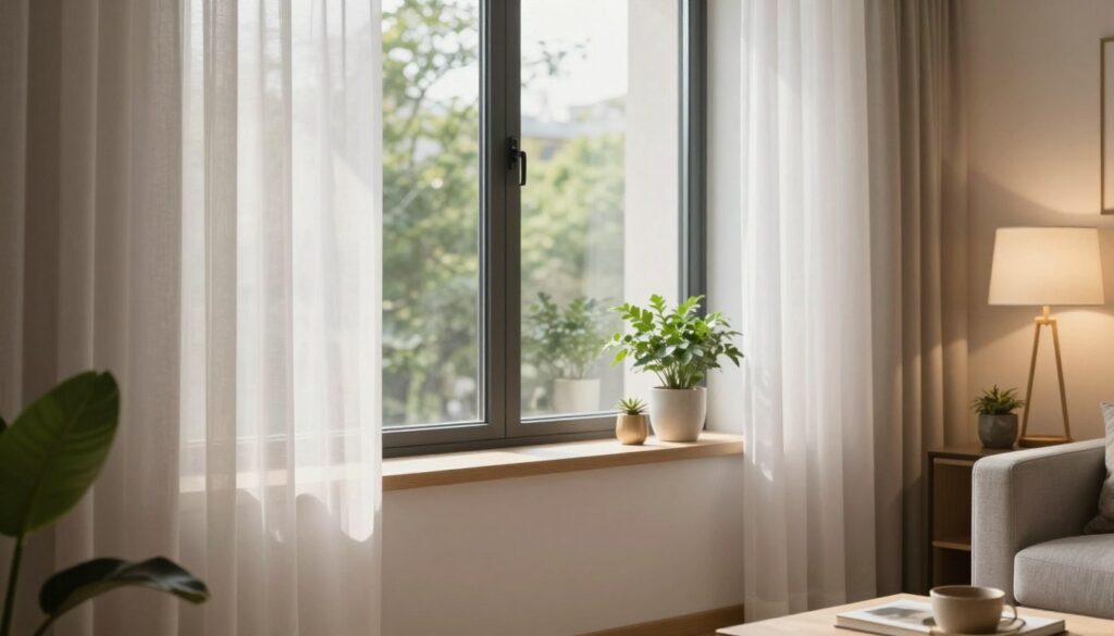 A beautifully arranged window scene in a modern living room, emphasizing window treatment and lighting design. In the foreground, an elegant sheer curtain softly framing the window, allowing natural light to stream in. The middle of the image showcases a stylish window ledge with small potted plants and decorative items, contributing to a cozy atmosphere. In the background, a softly lit lamp complements the ambient light, casting a warm glow across the room. The color palette features light neutrals with splashes of greenery, creating an inviting and spacious feel. The angle of the shot highlights the cozy arrangement while ensuring the focus remains on the interplay of natural and artificial light, enhancing the illusion of space. The mood is serene and stylish, perfect for a well-designed urban small living room. A beautifully arranged window scene in a modern living room, emphasizing window treatment and lighting design. In the foreground, an elegant sheer curtain softly framing the window, allowing natural light to stream in. The middle of the image showcases a stylish window ledge with small potted plants and decorative items, contributing to a cozy atmosphere. In the background, a softly lit lamp complements the ambient light, casting a warm glow across the room. The color palette features light neutrals with splashes of greenery, creating an inviting and spacious feel. The angle of the shot highlights the cozy arrangement while ensuring the focus remains on the interplay of natural and artificial light, enhancing the illusion of space. The mood is serene and stylish, perfect for a well-designed urban small living room.