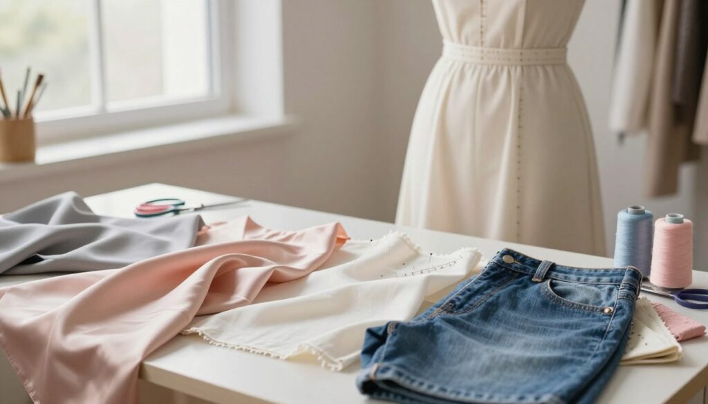 A beautifully arranged workspace showcasing various techniques for shortening a dress without cutting the fabric. In the foreground, a sewing table is adorned with a variety of fabrics, including silk, cotton, and denim, each draped or swatched in a way to highlight their texture. In the middle ground, a mannequin displays a partially finished dress, with visible gathering and tacking techniques. Scissors, pins, and thread in pastel colors are scattered around. The background features a soft-focus window, allowing gentle, natural light to illuminate the scene, creating a warm, inviting atmosphere. The composition should convey a sense of creativity and craftsmanship, emphasizing the art of tailoring with a professional yet cozy feel.