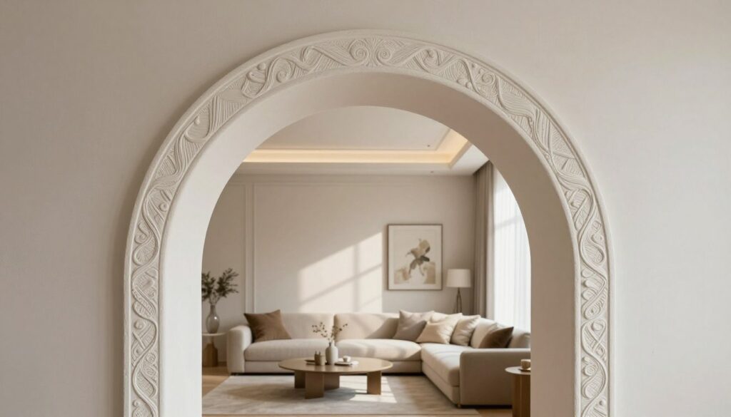 A beautifully crafted decorative plaster arch, showcasing intricate textures and patterns that exemplify modern interior design. In the foreground, the arch is framed by soft ambient lighting that highlights its smooth surface and artistic details. The middle section features a living room setting with stylish furniture and elegant decor that complements the arch's design. A light color palette enhances the serene atmosphere, with natural light filtering through a window, casting gentle shadows. The background includes tasteful wall art and elegant curtains, contributing to a harmonious and inviting room. This composition captures the essence of decorative plaster as an element of sophisticated interior finishing, evoking a sense of tranquility and aesthetic appeal. A beautifully crafted decorative plaster arch, showcasing intricate textures and patterns that exemplify modern interior design. In the foreground, the arch is framed by soft ambient lighting that highlights its smooth surface and artistic details. The middle section features a living room setting with stylish furniture and elegant decor that complements the arch's design. A light color palette enhances the serene atmosphere, with natural light filtering through a window, casting gentle shadows. The background includes tasteful wall art and elegant curtains, contributing to a harmonious and inviting room. This composition captures the essence of decorative plaster as an element of sophisticated interior finishing, evoking a sense of tranquility and aesthetic appeal.