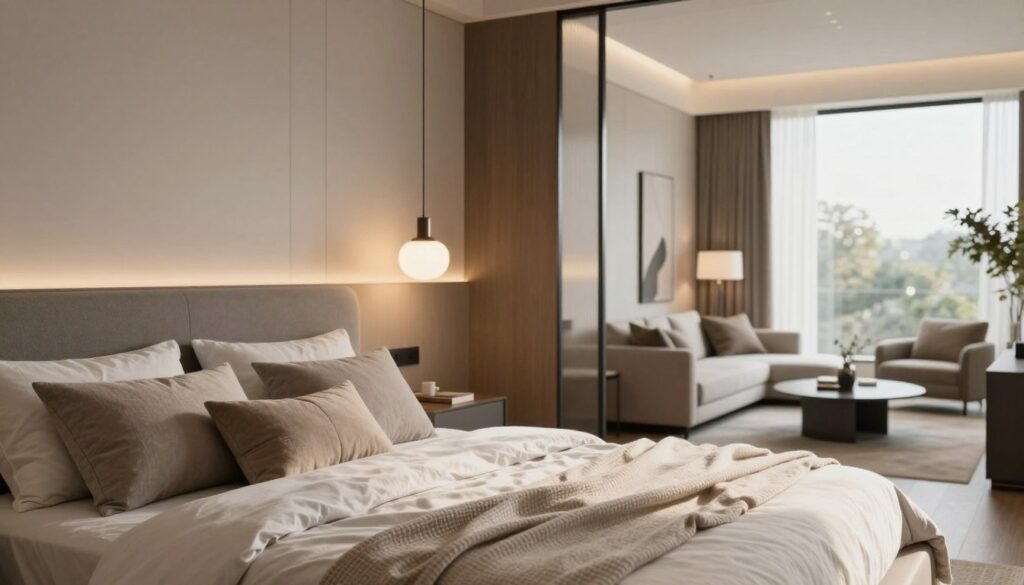A beautifully designed contemporary bedroom that seamlessly blends with a living area, showcasing innovative lighting solutions and color palettes. In the foreground, feature a cozy bed with soft textures, adorned with neutral-colored pillows and a light throw blanket. The middle ground reveals stylish light fixtures, such as a modern pendant lamp and soft bedside lamps casting a warm glow, enhancing the inviting atmosphere. The background includes a subtle separation between the bedroom and living room, with a tasteful divider that allows for natural light to flow through. Use natural lighting to evoke a serene mood, captured from a slightly elevated angle to emphasize the layout and design harmony. The overall ambiance should convey a multifunctional space that is both stylish and comforting. A beautifully designed contemporary bedroom that seamlessly blends with a living area, showcasing innovative lighting solutions and color palettes. In the foreground, feature a cozy bed with soft textures, adorned with neutral-colored pillows and a light throw blanket. The middle ground reveals stylish light fixtures, such as a modern pendant lamp and soft bedside lamps casting a warm glow, enhancing the inviting atmosphere. The background includes a subtle separation between the bedroom and living room, with a tasteful divider that allows for natural light to flow through. Use natural lighting to evoke a serene mood, captured from a slightly elevated angle to emphasize the layout and design harmony. The overall ambiance should convey a multifunctional space that is both stylish and comforting.
