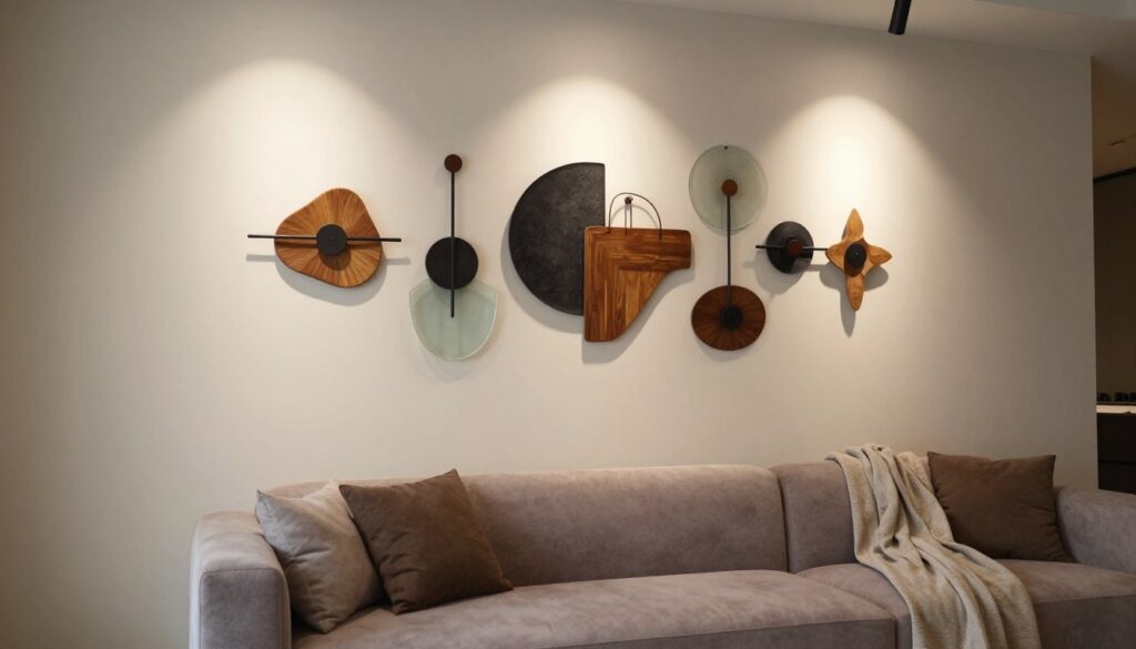 A beautifully designed living room featuring an empty wall adorned with spatial decorations and three-dimensional accents. In the foreground, showcase a stunning cluster of abstract wall sculptures in varying shapes and sizes, combining materials like wood, metal, and glass for a modern aesthetic. The middle ground features a stylish, inviting couch in muted tones, with a soft throw blanket draped over one arm. In the background, a warm and inviting neutral wall color enhances the visual impact of the wall art. Use soft ambient lighting to create a cozy atmosphere, with spotlights subtly highlighting the spatial decorations. Capture this scene from a slightly elevated angle to provide depth, conveying a sense of sophistication and tranquility. A beautifully designed living room featuring an empty wall adorned with spatial decorations and three-dimensional accents. In the foreground, showcase a stunning cluster of abstract wall sculptures in varying shapes and sizes, combining materials like wood, metal, and glass for a modern aesthetic. The middle ground features a stylish, inviting couch in muted tones, with a soft throw blanket draped over one arm. In the background, a warm and inviting neutral wall color enhances the visual impact of the wall art. Use soft ambient lighting to create a cozy atmosphere, with spotlights subtly highlighting the spatial decorations. Capture this scene from a slightly elevated angle to provide depth, conveying a sense of sophistication and tranquility.
