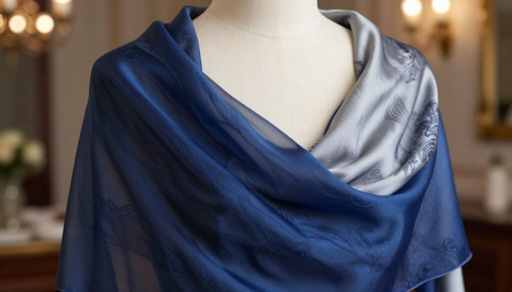 A beautifully draped evening shawl made of luxurious fabric, showcasing elegant textures like silk or chiffon, in a sophisticated color palette of deep royal blue and soft silver. The shawl is perched delicately on a stylish mannequin or fashion model, demonstrating various ways to tie it around the shoulders, enhancing the elegant silhouette of an evening dress. The foreground features intricate details of the shawl's fabric, while the middle ground highlights the graceful flow and pattern of the draping. In the background, a softly blurred setting of a classy, dimly lit room with warm lighting adds to the intimate and refined atmosphere. The scene captures a mood of elegance and grace, perfect for formal occasions. A beautifully draped evening shawl made of luxurious fabric, showcasing elegant textures like silk or chiffon, in a sophisticated color palette of deep royal blue and soft silver. The shawl is perched delicately on a stylish mannequin or fashion model, demonstrating various ways to tie it around the shoulders, enhancing the elegant silhouette of an evening dress. The foreground features intricate details of the shawl's fabric, while the middle ground highlights the graceful flow and pattern of the draping. In the background, a softly blurred setting of a classy, dimly lit room with warm lighting adds to the intimate and refined atmosphere. The scene captures a mood of elegance and grace, perfect for formal occasions.