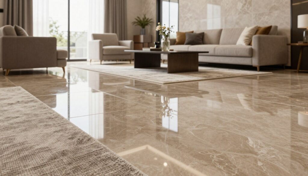 A beautifully styled interior showcasing glossy and matte tiles in a living room setting. In the foreground, a close-up of rich, glossy floor tiles reflecting light, elegantly paired with a soft, textured rug. In the middle, a spacious living area featuring a contrast of matte wall tiles, stylish furniture, and modern decor elements, highlighting the interplay between the two finishes. The background includes large windows allowing natural light to pour in, illuminating the space and creating a warm, inviting atmosphere. The scene should evoke a sense of harmony and sophistication, with a balanced color palette. The angle should be slightly elevated, providing a comprehensive view of the tile finishes and their placement in the room.