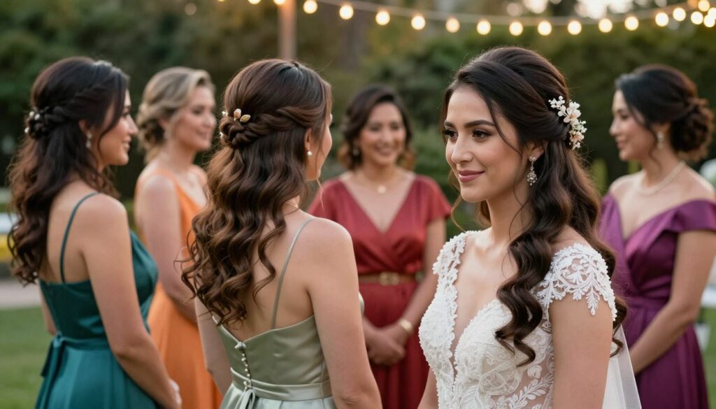 A beautifully styled wedding scene showcasing the differences in hairstyles for a bride and her guests. In the foreground, the bride stands elegantly, her hair adorned with delicate floral accessories, flowing waves cascading gracefully down her shoulders. Her look is complemented by an intricate, tastefully designed wedding dress. In the middle ground, several guests display a variety of stylish hairstyles, such as soft waves and chic updos, dressed in colorful and sophisticated outfits appropriate for a wedding. The background features a romantic outdoor venue with twinkling fairy lights and lush greenery, enhancing the festive atmosphere. The lighting is warm and inviting, reminiscent of a late afternoon wedding. Shot from a slightly elevated angle to capture the differences in styles clearly, conveying a sense of elegance and celebration. A beautifully styled wedding scene showcasing the differences in hairstyles for a bride and her guests. In the foreground, the bride stands elegantly, her hair adorned with delicate floral accessories, flowing waves cascading gracefully down her shoulders. Her look is complemented by an intricate, tastefully designed wedding dress. In the middle ground, several guests display a variety of stylish hairstyles, such as soft waves and chic updos, dressed in colorful and sophisticated outfits appropriate for a wedding. The background features a romantic outdoor venue with twinkling fairy lights and lush greenery, enhancing the festive atmosphere. The lighting is warm and inviting, reminiscent of a late afternoon wedding. Shot from a slightly elevated angle to capture the differences in styles clearly, conveying a sense of elegance and celebration.
