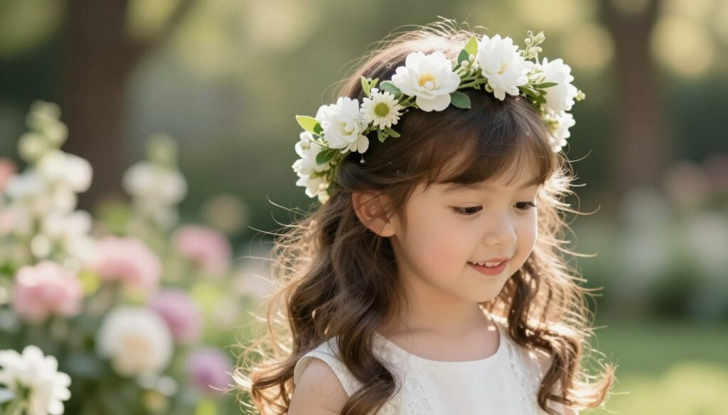 A beautifully styled young girl with delicate, flowing hair, showcasing the trendiest First Holy Communion hairstyle of the season. Her hair is elegantly adorned with a floral crown made of fresh white flowers and green leaves, adding a touch of grace. The foreground focuses on her joyful expression, embodying innocence and purity, while soft, natural waves cascade down her shoulders. In the middle ground, a softly blurred garden setting with pastel-colored flowers enhances the serene atmosphere. The background features dappled sunlight filtering through trees, creating a warm, inviting ambiance. The image should be captured in soft lighting, highlighting the girl's features and the intricate details of her hairstyle, with a shallow depth of field to emphasize her as the focal point. A beautifully styled young girl with delicate, flowing hair, showcasing the trendiest First Holy Communion hairstyle of the season. Her hair is elegantly adorned with a floral crown made of fresh white flowers and green leaves, adding a touch of grace. The foreground focuses on her joyful expression, embodying innocence and purity, while soft, natural waves cascade down her shoulders. In the middle ground, a softly blurred garden setting with pastel-colored flowers enhances the serene atmosphere. The background features dappled sunlight filtering through trees, creating a warm, inviting ambiance. The image should be captured in soft lighting, highlighting the girl's features and the intricate details of her hairstyle, with a shallow depth of field to emphasize her as the focal point.