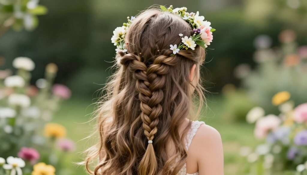 A beautifully styled young girl with long, flowing hair, showcasing intricate and creative braids. The girl wears a delicate floral crown made of fresh flowers that enhance her innocent charm. In the foreground, focus on her hair, which features a series of whimsical braided styles woven with subtle hair accessories. In the middle ground, highlight soft, diffused lighting that casts a gentle glow, illuminating the intricate details of the braids and floral crown. The background features a softly blurred outdoor garden setting, filled with lush greenery and blooming flowers, creating a serene and festive atmosphere. The overall mood is joyful and celebratory, embodying the spirit of a special occasion. A beautifully styled young girl with long, flowing hair, showcasing intricate and creative braids. The girl wears a delicate floral crown made of fresh flowers that enhance her innocent charm. In the foreground, focus on her hair, which features a series of whimsical braided styles woven with subtle hair accessories. In the middle ground, highlight soft, diffused lighting that casts a gentle glow, illuminating the intricate details of the braids and floral crown. The background features a softly blurred outdoor garden setting, filled with lush greenery and blooming flowers, creating a serene and festive atmosphere. The overall mood is joyful and celebratory, embodying the spirit of a special occasion.