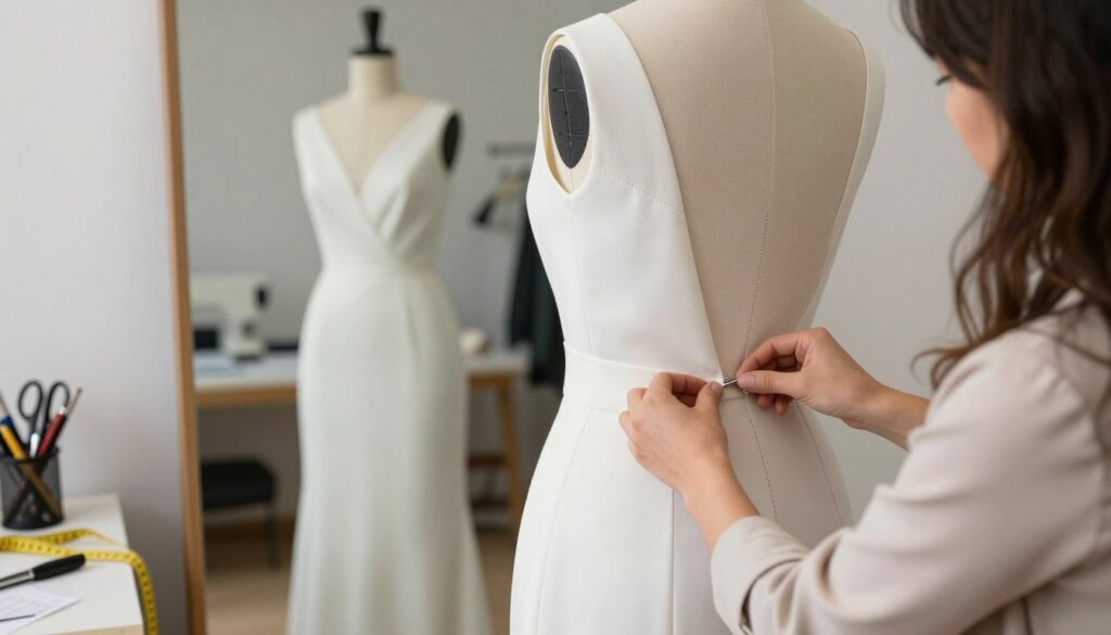 A beautifully tailored dress being fitted at the waist, emphasizing the importance of a perfect silhouette. In the foreground, a seamstress in modest business attire is carefully pinning the waistline of the dress, showcasing intricate details like elegant fabric folds and seam lines. The middle ground features a full-length mirror reflecting the dress’s silhouette, highlighting how the waist adjustment enhances the model's figure. The background is a well-lit sewing studio, with tools like measuring tapes and scissors, conveying a professional atmosphere. Soft, natural lighting accentuates the textures of the fabric, while a shallow depth of field focuses on the dress’s waist, creating an intimate, inviting mood that reflects the theme of tailored elegance. A beautifully tailored dress being fitted at the waist, emphasizing the importance of a perfect silhouette. In the foreground, a seamstress in modest business attire is carefully pinning the waistline of the dress, showcasing intricate details like elegant fabric folds and seam lines. The middle ground features a full-length mirror reflecting the dress’s silhouette, highlighting how the waist adjustment enhances the model's figure. The background is a well-lit sewing studio, with tools like measuring tapes and scissors, conveying a professional atmosphere. Soft, natural lighting accentuates the textures of the fabric, while a shallow depth of field focuses on the dress’s waist, creating an intimate, inviting mood that reflects the theme of tailored elegance.