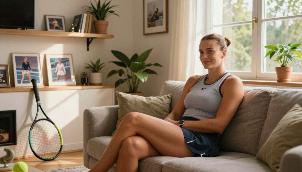 A candid portrait of Aryna Sabalenka in her relaxed home environment, surrounded by personal mementos that reflect her journey as a professional tennis player. In the foreground, she sits comfortably on a stylish sofa, wearing a chic yet understated outfit, with a tennis racket casually leaning against the wall nearby. The middle ground features a well-lit room with potted plants and photographs of her career achievements displayed on shelves. In the background, a large window lets in warm, natural light, casting soft shadows and adding a cozy atmosphere. The scene conveys a sense of serenity and introspection, highlighting the balance between her private life and tennis career. The overall mood should feel inviting and relatable. A candid portrait of Aryna Sabalenka in her relaxed home environment, surrounded by personal mementos that reflect her journey as a professional tennis player. In the foreground, she sits comfortably on a stylish sofa, wearing a chic yet understated outfit, with a tennis racket casually leaning against the wall nearby. The middle ground features a well-lit room with potted plants and photographs of her career achievements displayed on shelves. In the background, a large window lets in warm, natural light, casting soft shadows and adding a cozy atmosphere. The scene conveys a sense of serenity and introspection, highlighting the balance between her private life and tennis career. The overall mood should feel inviting and relatable.