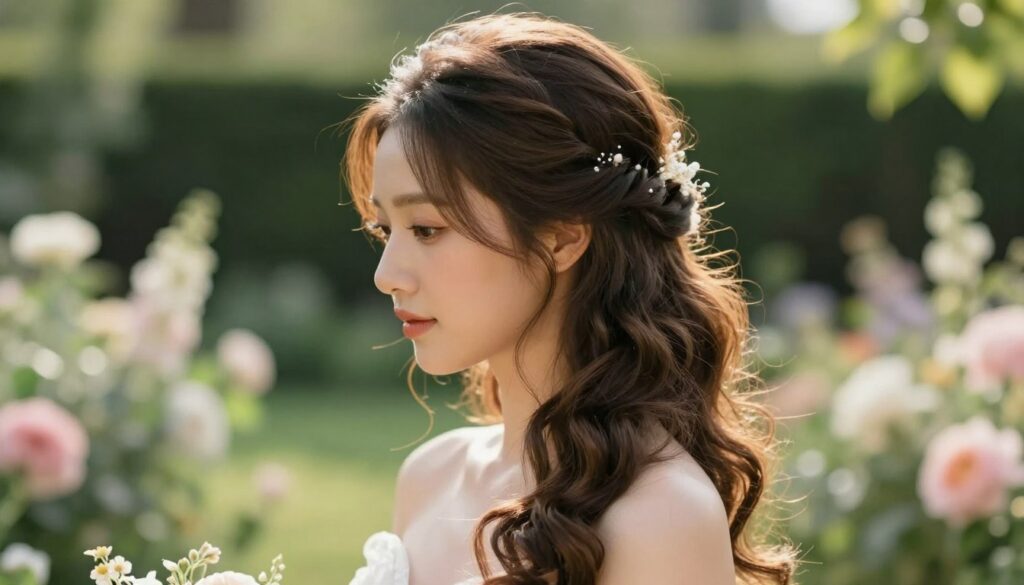 A charming wedding hairstyle featuring half-up waves with medium-length hair, elegantly styled to reflect sophistication. The subject has a soft, radiant complexion, and is wearing delicate accessories that enhance the look. In the foreground, the focus is on the graceful waves cascading down the shoulders, catching the light beautifully. The middle ground showcases a softly blurred garden setting with lush greenery and pastel flowers, evoking a romantic atmosphere. Natural lighting filters through, creating a warm glow that highlights the hair texture. Use a soft-focus lens effect to emphasize the hairstyle while maintaining an enchanting depth of field. The overall mood should be elegant and serene, embodying the essence of a wedding celebration. A charming wedding hairstyle featuring half-up waves with medium-length hair, elegantly styled to reflect sophistication. The subject has a soft, radiant complexion, and is wearing delicate accessories that enhance the look. In the foreground, the focus is on the graceful waves cascading down the shoulders, catching the light beautifully. The middle ground showcases a softly blurred garden setting with lush greenery and pastel flowers, evoking a romantic atmosphere. Natural lighting filters through, creating a warm glow that highlights the hair texture. Use a soft-focus lens effect to emphasize the hairstyle while maintaining an enchanting depth of field. The overall mood should be elegant and serene, embodying the essence of a wedding celebration.