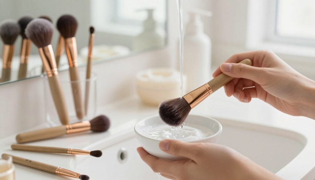 A clean and organized vanity setting showcasing an array of various makeup brushes being gently cleaned. In the foreground, a delicate hand, skillfully holding a brush under running water, emphasizes the importance of proper care. The middle section features a small, elegant bowl containing a gentle soap solution, with a few brushes resting beside it, highlighting effective home cleaning methods. The background should include soft, diffused natural light coming from a nearby window, illuminating the space to create a serene atmosphere. Use a shallow depth of field to softly blur the background, focusing attention on the brushes and cleaning process. The overall mood conveys a sense of calm and meticulous care, promoting the importance of maintaining makeup tools. A clean and organized vanity setting showcasing an array of various makeup brushes being gently cleaned. In the foreground, a delicate hand, skillfully holding a brush under running water, emphasizes the importance of proper care. The middle section features a small, elegant bowl containing a gentle soap solution, with a few brushes resting beside it, highlighting effective home cleaning methods. The background should include soft, diffused natural light coming from a nearby window, illuminating the space to create a serene atmosphere. Use a shallow depth of field to softly blur the background, focusing attention on the brushes and cleaning process. The overall mood conveys a sense of calm and meticulous care, promoting the importance of maintaining makeup tools.