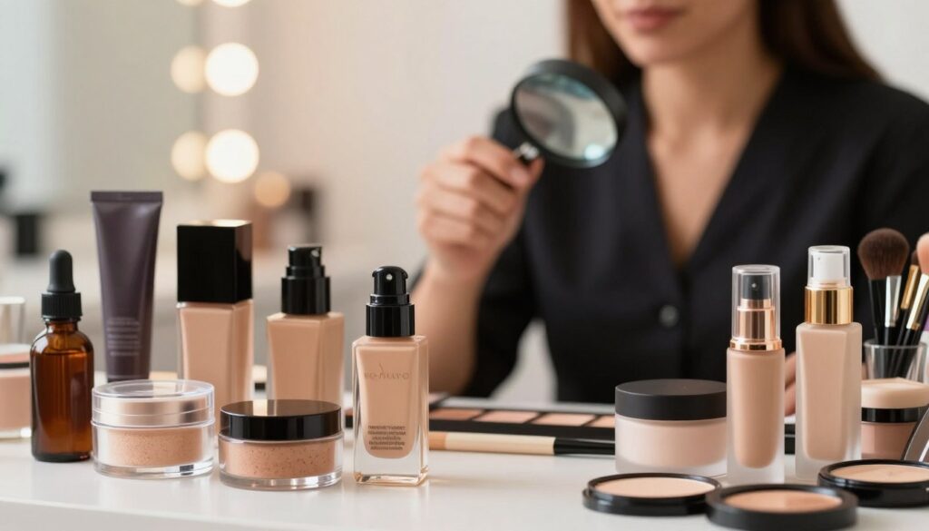 A close-up composition showcasing the compatibility of makeup ingredients, focusing on a beautifully arranged collection of cosmetic products like foundations, powders, and setting sprays. The foreground features elegant glass containers and tubes, displaying rich textures and vibrant colors. In the middle, an expert makeup artist examines the ingredients on the back of a product with a magnifying glass, dressed in professional attire. In the background, a softly blurred beauty studio is visible, with warm, diffused lighting that creates an inviting and inspiring atmosphere. The image should give a sense of professionalism, emphasizing the importance of ingredient compatibility for long-lasting makeup wear, all while maintaining a clean and polished look.