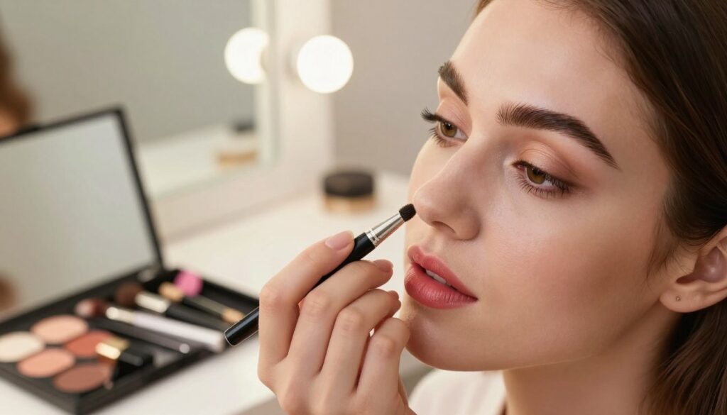 A close-up image of a well-groomed woman applying eyebrow makeup and finishing her lips. The foreground features her face in a soft-focus, highlighting perfectly sculpted eyebrows being enhanced with a brow pencil and the application of a vibrant lip color. In the middle ground, a makeup kit with tools like a brow brush, lip liner, and lipstick is elegantly arranged. The background displays a softly blurred vanity mirror reflecting warm, natural light, creating an inviting atmosphere. The scene conveys a polished, sophisticated mood that embodies the ritual of beauty preparation, focusing on the art of enhancing eyebrows and perfecting lips. The composition is shot from a slightly elevated angle to emphasize the application process, ensuring a professional appearance without distractions. A close-up image of a well-groomed woman applying eyebrow makeup and finishing her lips. The foreground features her face in a soft-focus, highlighting perfectly sculpted eyebrows being enhanced with a brow pencil and the application of a vibrant lip color. In the middle ground, a makeup kit with tools like a brow brush, lip liner, and lipstick is elegantly arranged. The background displays a softly blurred vanity mirror reflecting warm, natural light, creating an inviting atmosphere. The scene conveys a polished, sophisticated mood that embodies the ritual of beauty preparation, focusing on the art of enhancing eyebrows and perfecting lips. The composition is shot from a slightly elevated angle to emphasize the application process, ensuring a professional appearance without distractions.