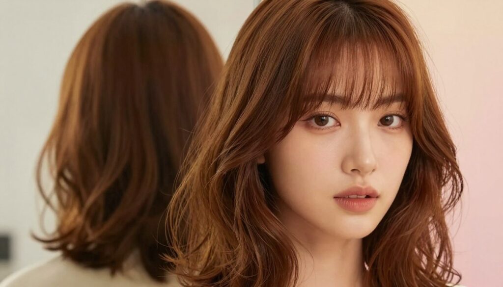 A close-up image of elegantly styled shoulder-length hair with bangs, showcasing a variety of chic hairstyles. The foreground features a model with shiny, well-groomed hair, styled in soft waves and a light, airy volume. The hair color is a blend of caramel and honey tones, reflecting natural light beautifully. In the middle ground, a subtle reflection of the model's face is visible, capturing a sense of freshness and confidence. The background is softly blurred with a pastel color gradient, enhancing the focus on the hair. The lighting is warm and inviting, creating an uplifting atmosphere. The overall ambiance conveys a professional yet approachable vibe, suitable for a modern beauty article on versatile hairstyles.