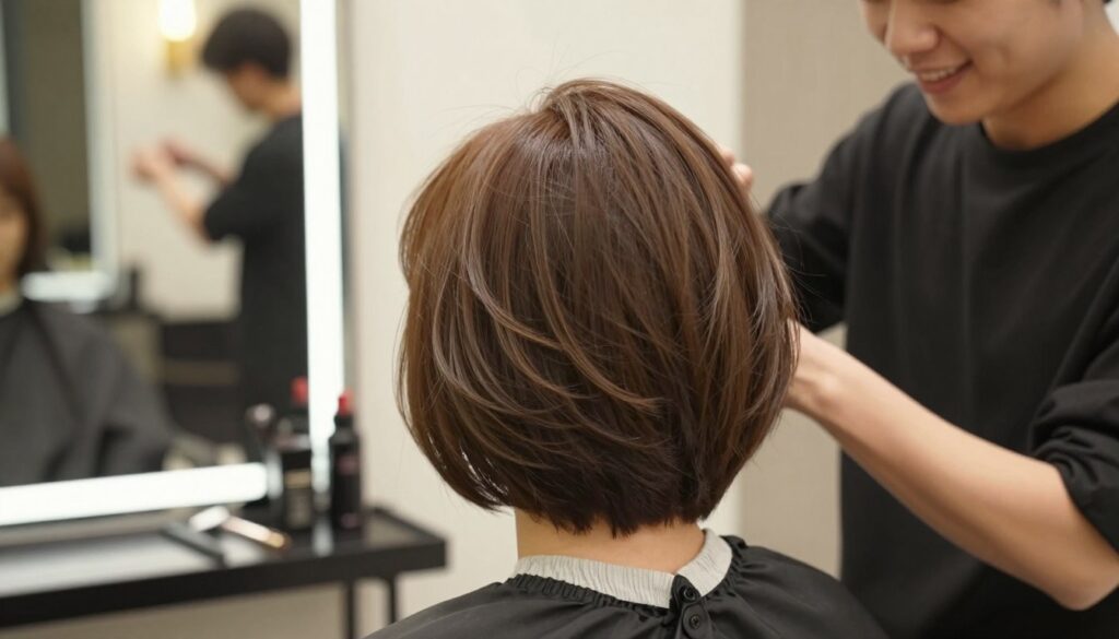 A close-up of a professional hairstylist applying finishing touches to a beautiful, short, layered bob hairstyle that showcases natural volume and lightness. The foreground features a sleek, modern salon environment with polished tools and a mirror reflecting the scene. The stylist, dressed in smart casual attire, smiles while focusing on the model with warm lighting that accentuates the hair's texture. The hair should appear soft and flowy, with subtle highlights that enhance the layering effect. In the background, hint at an elegant salon ambiance with blurred details of chic decor and soft color tones, creating a calming atmosphere that reflects a professional hair appointment. A close-up of a professional hairstylist applying finishing touches to a beautiful, short, layered bob hairstyle that showcases natural volume and lightness. The foreground features a sleek, modern salon environment with polished tools and a mirror reflecting the scene. The stylist, dressed in smart casual attire, smiles while focusing on the model with warm lighting that accentuates the hair's texture. The hair should appear soft and flowy, with subtle highlights that enhance the layering effect. In the background, hint at an elegant salon ambiance with blurred details of chic decor and soft color tones, creating a calming atmosphere that reflects a professional hair appointment.