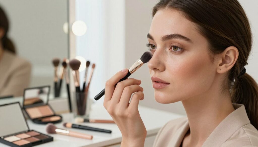 A close-up of a woman applying contour makeup to her face, showcasing the art of facial contouring for a slimmer appearance. The foreground captures a beautifully lit face adorned with expertly blended shades of contour and blush, highlighting her cheekbones and jawline. The middle section features high-quality makeup tools like brushes and palettes, artistically arranged. In the background, a softly blurred vanity mirror reflects a warm, inviting atmosphere, enhanced by gentle natural lighting coming from a nearby window. The mood is serene and professional, emphasizing confidence and elegance in beauty. The woman is dressed in a stylish, modest outfit, embodying a sophisticated and polished look without any distractions. A close-up of a woman applying contour makeup to her face, showcasing the art of facial contouring for a slimmer appearance. The foreground captures a beautifully lit face adorned with expertly blended shades of contour and blush, highlighting her cheekbones and jawline. The middle section features high-quality makeup tools like brushes and palettes, artistically arranged. In the background, a softly blurred vanity mirror reflects a warm, inviting atmosphere, enhanced by gentle natural lighting coming from a nearby window. The mood is serene and professional, emphasizing confidence and elegance in beauty. The woman is dressed in a stylish, modest outfit, embodying a sophisticated and polished look without any distractions.