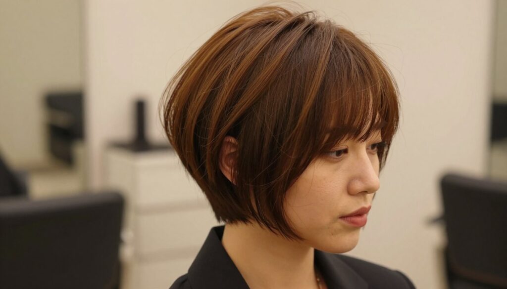 A close-up of a woman with a stylish pixie bob hairstyle that features voluminous, fine strands, creating an elegant yet casual look. She is wearing professional business attire, set against a softly blurred, modern salon background. The lighting is warm and inviting, casting gentle highlights on her hair, emphasizing the layered texture and volume. The angle captures the hair from slightly above, allowing a clear view of the shape and movement. The overall mood is chic and polished, showcasing how to achieve volume in a bob hairstyle while maintaining a contemporary flair. There are no texts or distractions in the image, focusing solely on the hair and the professional setting. A close-up of a woman with a stylish pixie bob hairstyle that features voluminous, fine strands, creating an elegant yet casual look. She is wearing professional business attire, set against a softly blurred, modern salon background. The lighting is warm and inviting, casting gentle highlights on her hair, emphasizing the layered texture and volume. The angle captures the hair from slightly above, allowing a clear view of the shape and movement. The overall mood is chic and polished, showcasing how to achieve volume in a bob hairstyle while maintaining a contemporary flair. There are no texts or distractions in the image, focusing solely on the hair and the professional setting.
