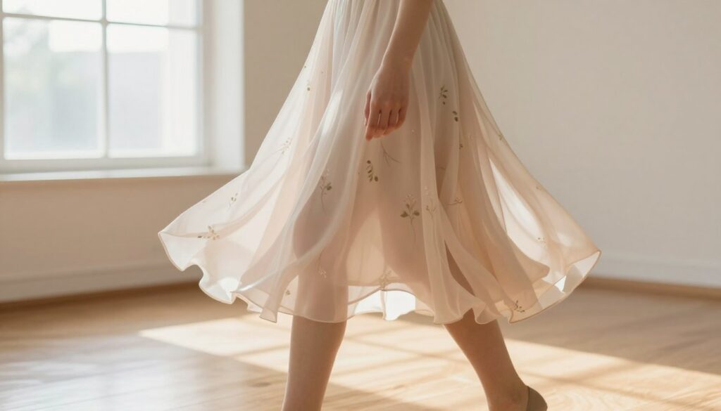 A close-up of an elegantly designed dress, capturing the moment it is subtly gathering at the hem as a woman walks gracefully across a bright, airy room. The dress is made of a soft, flowing fabric in a gentle pastel color, accentuated by delicate patterns. In the background, a large window allows warm, natural light to fill the space, reflecting off polished wooden floors. The scene is framed slightly from below to emphasize the dress's movement and the woman's confidence. She is wearing modest, professional attire, with no visible distractions. The mood is serene, focusing on the elegant interplay of fabric and movement, illustrating the concept of how a dress can shift gracefully without disrupting comfort. A close-up of an elegantly designed dress, capturing the moment it is subtly gathering at the hem as a woman walks gracefully across a bright, airy room. The dress is made of a soft, flowing fabric in a gentle pastel color, accentuated by delicate patterns. In the background, a large window allows warm, natural light to fill the space, reflecting off polished wooden floors. The scene is framed slightly from below to emphasize the dress's movement and the woman's confidence. She is wearing modest, professional attire, with no visible distractions. The mood is serene, focusing on the elegant interplay of fabric and movement, illustrating the concept of how a dress can shift gracefully without disrupting comfort.