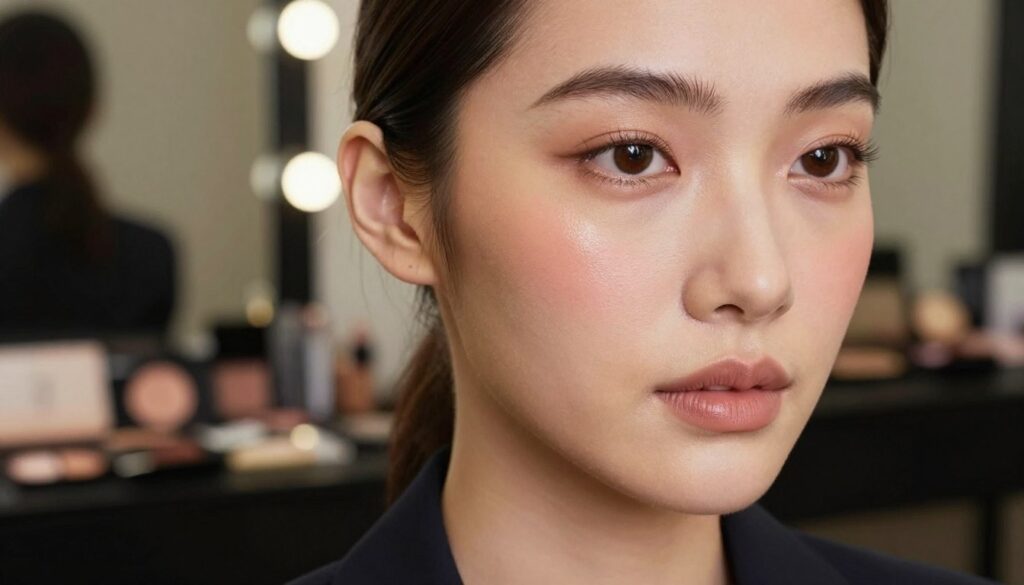 A close-up portrait focusing on well-defined cheekbones and contoured facial structure. The subject, a model with radiant skin, is wearing professional business attire. The lighting is soft and flattering, emphasizing the contours and highlighting the cheekbones effectively. The background is a blurred, luxurious makeup studio setting, enhancing the professional atmosphere. Use a 50mm lens angle to create a natural depth, showcasing the elegance of subtle blush and highlighter applied to enhance the cheekbones. The overall mood is sophisticated and informative, demonstrating the effect of makeup techniques for a sculpted look. No text, watermarks, or signatures in the image. A close-up portrait focusing on well-defined cheekbones and contoured facial structure. The subject, a model with radiant skin, is wearing professional business attire. The lighting is soft and flattering, emphasizing the contours and highlighting the cheekbones effectively. The background is a blurred, luxurious makeup studio setting, enhancing the professional atmosphere. Use a 50mm lens angle to create a natural depth, showcasing the elegance of subtle blush and highlighter applied to enhance the cheekbones. The overall mood is sophisticated and informative, demonstrating the effect of makeup techniques for a sculpted look. No text, watermarks, or signatures in the image.