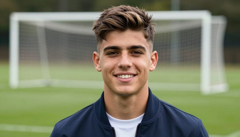 A close-up portrait of Alejandro Garnacho showcasing his new hairstyle, a stylish, modern cut with textured layers and a subtle fade. He's smiling confidently, dressed in a smart casual outfit, featuring a fitted jacket and a simple t-shirt. The background features a blurred soccer field with goalposts, hinting at his athletic background but keeping the focus on him. Soft, natural lighting illuminates his face, creating a warm atmosphere, while a shallow depth of field ensures he stands out crisply against the background. Capture a sense of excitement and youthfulness in the expression, emphasizing his personality and the impact of his hairstyle. A close-up portrait of Alejandro Garnacho showcasing his new hairstyle, a stylish, modern cut with textured layers and a subtle fade. He's smiling confidently, dressed in a smart casual outfit, featuring a fitted jacket and a simple t-shirt. The background features a blurred soccer field with goalposts, hinting at his athletic background but keeping the focus on him. Soft, natural lighting illuminates his face, creating a warm atmosphere, while a shallow depth of field ensures he stands out crisply against the background. Capture a sense of excitement and youthfulness in the expression, emphasizing his personality and the impact of his hairstyle.