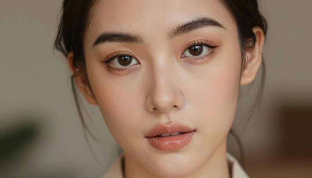 A close-up portrait of a model with elegantly styled eyebrows and beautifully finished lips. The model has a warm skin tone that complements the subtle makeup look, showcasing perfectly shaped brows enhancing her expressive eyes and glossy lips with a soft, nude hue. The background features a softly blurred, muted color palette to highlight the facial details. Use soft, natural lighting to create a warm, inviting atmosphere, emphasizing the flawless skin texture and the makeup's professional quality. Capture the image at a slight angle to provide depth, showcasing both the brows and lips as focal points. The model is dressed in a stylish, modest top, ensuring a polished presentation suitable for makeup artistry. A close-up portrait of a model with elegantly styled eyebrows and beautifully finished lips. The model has a warm skin tone that complements the subtle makeup look, showcasing perfectly shaped brows enhancing her expressive eyes and glossy lips with a soft, nude hue. The background features a softly blurred, muted color palette to highlight the facial details. Use soft, natural lighting to create a warm, inviting atmosphere, emphasizing the flawless skin texture and the makeup's professional quality. Capture the image at a slight angle to provide depth, showcasing both the brows and lips as focal points. The model is dressed in a stylish, modest top, ensuring a polished presentation suitable for makeup artistry.