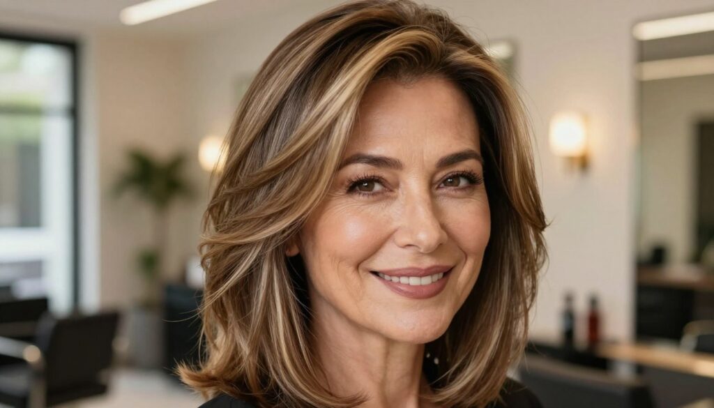 A close-up portrait of a stylish 40-year-old woman with shoulder-length hair, showcasing beautiful light-reflecting highlights and a dynamic color gradient that adds depth to her hair. The focus is on her radiant smile and confident expression. The background features a softly blurred salon interior with elegant decor, warm lighting, and a hint of nature through a window, creating an inviting atmosphere. The lighting should be soft and flattering, emphasizing the warm tones in her hair, while casting gentle shadows that highlight her facial features. Capture the essence of sophistication and modernity, perfectly illustrating how highlights can enhance beauty and bring a sense of lightness to mature hairstyles. A close-up portrait of a stylish 40-year-old woman with shoulder-length hair, showcasing beautiful light-reflecting highlights and a dynamic color gradient that adds depth to her hair. The focus is on her radiant smile and confident expression. The background features a softly blurred salon interior with elegant decor, warm lighting, and a hint of nature through a window, creating an inviting atmosphere. The lighting should be soft and flattering, emphasizing the warm tones in her hair, while casting gentle shadows that highlight her facial features. Capture the essence of sophistication and modernity, perfectly illustrating how highlights can enhance beauty and bring a sense of lightness to mature hairstyles.