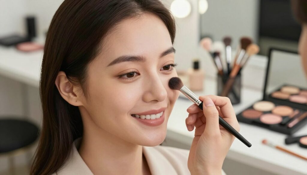 A close-up portrait of a woman showcasing the elegant technique of face contouring, highlighting her cheekbones and jawline while maintaining a natural look. The foreground features her smiling face, lightly illuminated with soft, diffused lighting to enhance the three-dimensional effect of her features. In the middle ground, display various makeup tools and palettes, arranged artistically, suggesting a cozy, beauty-focused atmosphere. The background should be softly blurred, suggesting a modern and stylish makeup studio setting with neutral tones. The woman is dressed in a modest yet stylish outfit, suitable for a casual but polished appearance. Capture a warm and inviting mood, emphasizing the skillful application of makeup without any excess, embodying the essence of elegant beauty. A close-up portrait of a woman showcasing the elegant technique of face contouring, highlighting her cheekbones and jawline while maintaining a natural look. The foreground features her smiling face, lightly illuminated with soft, diffused lighting to enhance the three-dimensional effect of her features. In the middle ground, display various makeup tools and palettes, arranged artistically, suggesting a cozy, beauty-focused atmosphere. The background should be softly blurred, suggesting a modern and stylish makeup studio setting with neutral tones. The woman is dressed in a modest yet stylish outfit, suitable for a casual but polished appearance. Capture a warm and inviting mood, emphasizing the skillful application of makeup without any excess, embodying the essence of elegant beauty.