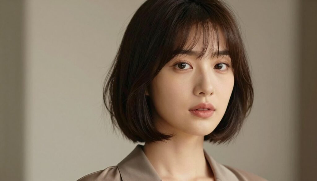 A close-up portrait of a woman with a short, layered bob hairstyle, showcasing a natural and lightweight appearance. The woman has an oval face shape, with soft features and an elegant expression. She is wearing a chic, modest blouse that complements her hairstyle, enhancing the overall sophistication. The lighting is soft and diffused, creating a warm glow that highlights the texture of her hair and the contours of her face. The background is a blurred, neutral tone that keeps the focus on her hairstyle and facial structure. The composition is at eye level, capturing the essence of the haircut's versatility for different face shapes, evoking a feeling of confidence and modernity. A close-up portrait of a woman with a short, layered bob hairstyle, showcasing a natural and lightweight appearance. The woman has an oval face shape, with soft features and an elegant expression. She is wearing a chic, modest blouse that complements her hairstyle, enhancing the overall sophistication. The lighting is soft and diffused, creating a warm glow that highlights the texture of her hair and the contours of her face. The background is a blurred, neutral tone that keeps the focus on her hairstyle and facial structure. The composition is at eye level, capturing the essence of the haircut's versatility for different face shapes, evoking a feeling of confidence and modernity.