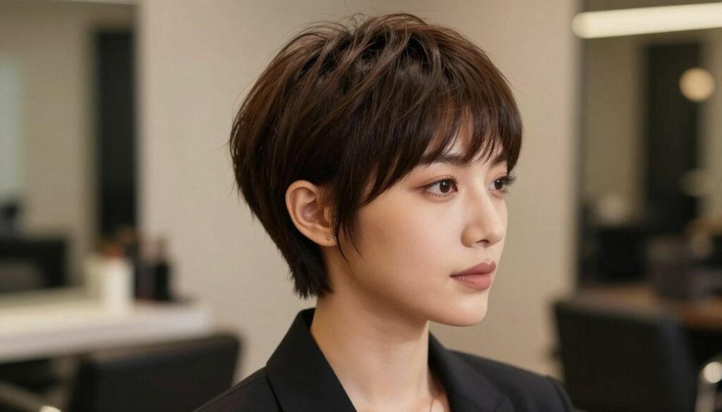 A close-up portrait of a woman with a stylish pixie bob haircut that emphasizes the shape of her face, showcasing the elegant blend of the pixie and classic bob styles. She is dressed in professional business attire, standing against a softly blurred background of a modern, stylish salon. The lighting is warm and inviting, illuminating her features and enhancing the texture of her hair. The angle captures her in a slight profile to highlight how the haircut complements her facial structure, with an emphasis on the contours of her chin and jawline. The mood is confident and sophisticated, embodying both comfort and elegance in short hairstyles. A close-up portrait of a woman with a stylish pixie bob haircut that emphasizes the shape of her face, showcasing the elegant blend of the pixie and classic bob styles. She is dressed in professional business attire, standing against a softly blurred background of a modern, stylish salon. The lighting is warm and inviting, illuminating her features and enhancing the texture of her hair. The angle captures her in a slight profile to highlight how the haircut complements her facial structure, with an emphasis on the contours of her chin and jawline. The mood is confident and sophisticated, embodying both comfort and elegance in short hairstyles.