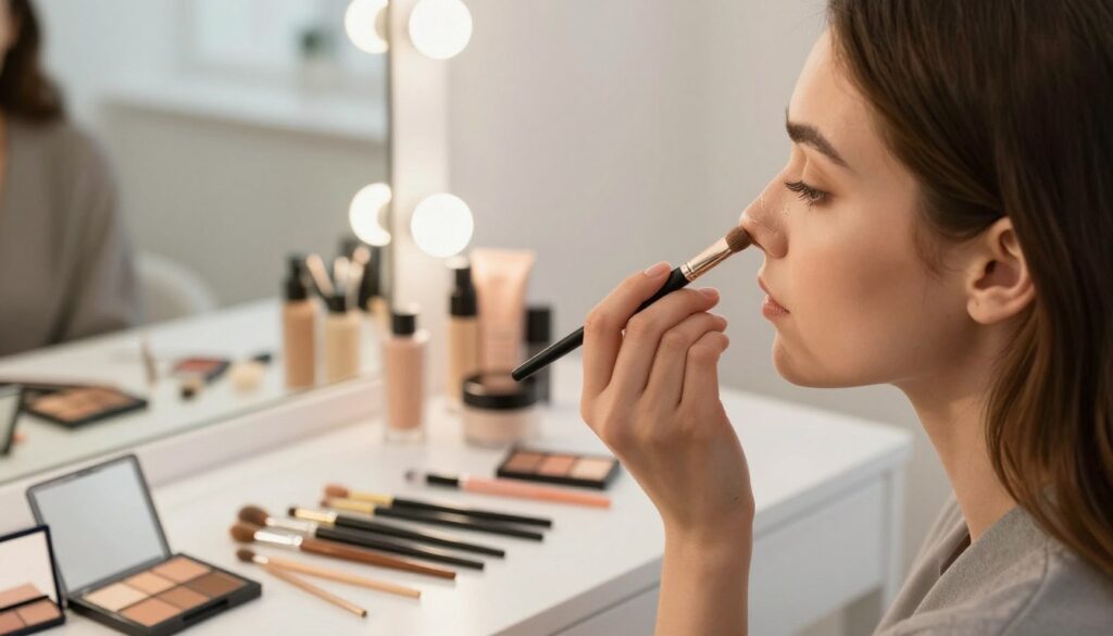 A close-up shot of a professional makeup artist skillfully contouring a woman’s nose using various cosmetic products. The artist, dressed in smart casual attire, showcases an array of essential contouring tools laid out neatly on a stylish vanity. In the foreground, focus on the artist's hand applying contour cream to the client's nose with a precise brush. The middle ground features a well-lit mirror reflecting the makeup setup, with warm, natural lighting highlighting the soft texture of the makeup products. The background is gently blurred, suggesting a cozy and inviting beauty studio atmosphere. The overall mood is calm and focused, capturing the essence of natural beauty enhancement through makeup techniques.