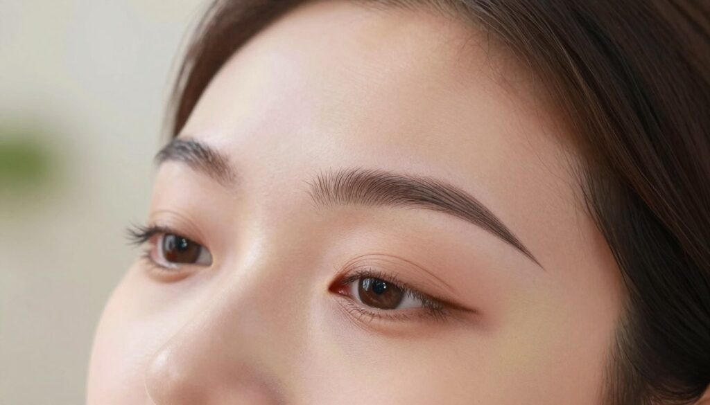 A close-up shot of perfectly groomed natural eyebrows, showcasing their soft arches and subtle definition. The foreground features a person's face, lightly adorned with fresh, natural makeup that enhances their features without overpowering them. In the middle ground, soft pastel colors gently blur, indicating a serene setting, perhaps a softly lit vanity with natural light filtering in. The background remains understated, with hints of greenery or a light-colored wall to create a calming atmosphere. The overall mood is one of tranquility and elegance, perfect for highlighting the eyebrows as the graceful frame of the face. The lighting is warm and diffused, enhancing the subtle textures and tones. The angle captures the eyebrows in a flattering, elevated perspective, inviting the viewer to appreciate their beauty. A close-up shot of perfectly groomed natural eyebrows, showcasing their soft arches and subtle definition. The foreground features a person's face, lightly adorned with fresh, natural makeup that enhances their features without overpowering them. In the middle ground, soft pastel colors gently blur, indicating a serene setting, perhaps a softly lit vanity with natural light filtering in. The background remains understated, with hints of greenery or a light-colored wall to create a calming atmosphere. The overall mood is one of tranquility and elegance, perfect for highlighting the eyebrows as the graceful frame of the face. The lighting is warm and diffused, enhancing the subtle textures and tones. The angle captures the eyebrows in a flattering, elevated perspective, inviting the viewer to appreciate their beauty.