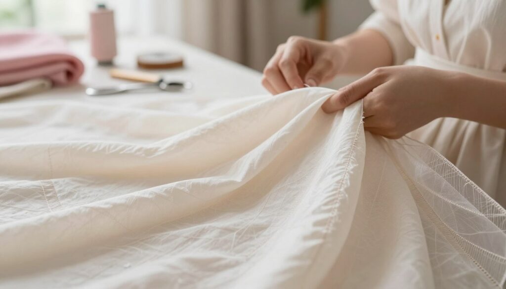 A close-up view of a dress lining displaying intricate stitching and delicate fabric layers, highlighting the ethereal qualities of the material. In the foreground, focus on the soft texture of the lining, showcasing its subtle sheen and the way it gently drapes. The middle ground features a pair of hands, skillfully manipulating the fabric with sewing tools laid out nearby, illustrating the craftsmanship involved. The background is softly blurred, allowing soft natural light to filter in, creating a warm, inviting atmosphere. The setting resembles a cozy sewing room, with hints of pastel fabrics and sewing notions that inspire creativity in garment modification. The overall mood is focused and serene, capturing the challenges of working with delicate fabrics without distortion.