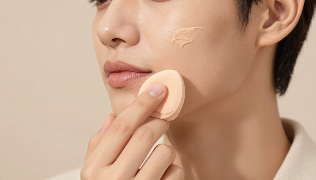 A close-up view of a hand gently applying foundation on a model's cheek using a makeup sponge, demonstrating the stamping technique for flawless application. The model has a subtle, natural makeup look, with radiant skin and minimal accessories, dressed in modest casual clothing. The background is softly blurred to emphasize the action of the hand and sponge, with warm, diffused lighting creating a cozy atmosphere. The scene captures the essence of technique, highlighting the sponge’s texture and the creamy foundation blending seamlessly into the skin, evoking a sense of skillful artistry and professionalism in makeup application.