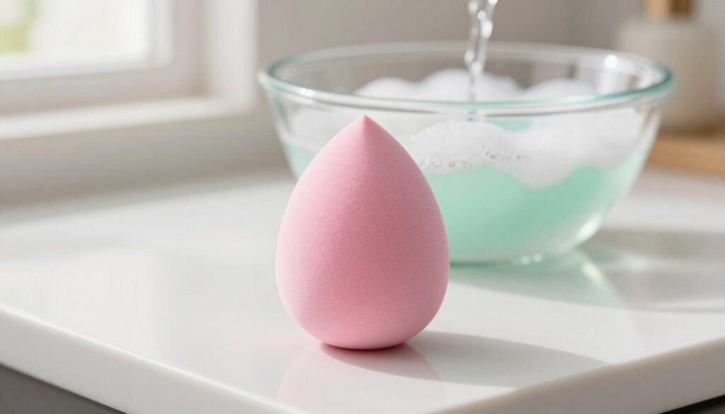 A close-up view of a vibrant, clean makeup sponge, or "gąbka makijażu," elegantly placed on a smooth, white countertop. The sponge displays a soft, rounded shape, with a mix of pastel colors like pink, lavender, and mint green. In the background, a clear glass bowl filled with warm soapy water and a gentle splash is visible, suggesting a home cleaning method. Soft natural lighting filters in from a nearby window, creating a warm and inviting atmosphere. The scene conveys a sense of cleanliness and care, emphasizing the importance of hygiene in makeup tools. The image focuses only on the sponge and cleaning elements, with no text or distractions. A close-up view of a vibrant, clean makeup sponge, or "gąbka makijażu," elegantly placed on a smooth, white countertop. The sponge displays a soft, rounded shape, with a mix of pastel colors like pink, lavender, and mint green. In the background, a clear glass bowl filled with warm soapy water and a gentle splash is visible, suggesting a home cleaning method. Soft natural lighting filters in from a nearby window, creating a warm and inviting atmosphere. The scene conveys a sense of cleanliness and care, emphasizing the importance of hygiene in makeup tools. The image focuses only on the sponge and cleaning elements, with no text or distractions.