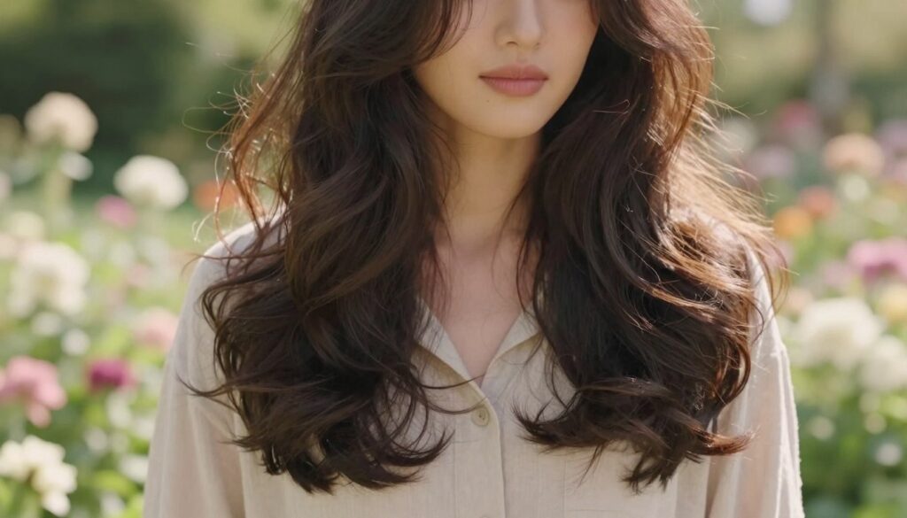 A close-up view of a woman with elegant, voluminous hair styled in loose waves, showcasing the texture and movement of the strands. She is standing outdoors, with diffused natural sunlight creating a soft, warm glow that highlights the shiny, bouncy quality of her hair. The background features a softly blurred garden filled with blooming flowers, enhancing the airy, romantic atmosphere. Her attire is a modest, casual shirt that complements the relaxed vibe. Capture the rich depth and volume of her hair, focusing on the waviness and the way it frames her face, making it an ideal illustration for adding volume and waves to loose hair. A close-up view of a woman with elegant, voluminous hair styled in loose waves, showcasing the texture and movement of the strands. She is standing outdoors, with diffused natural sunlight creating a soft, warm glow that highlights the shiny, bouncy quality of her hair. The background features a softly blurred garden filled with blooming flowers, enhancing the airy, romantic atmosphere. Her attire is a modest, casual shirt that complements the relaxed vibe. Capture the rich depth and volume of her hair, focusing on the waviness and the way it frames her face, making it an ideal illustration for adding volume and waves to loose hair.