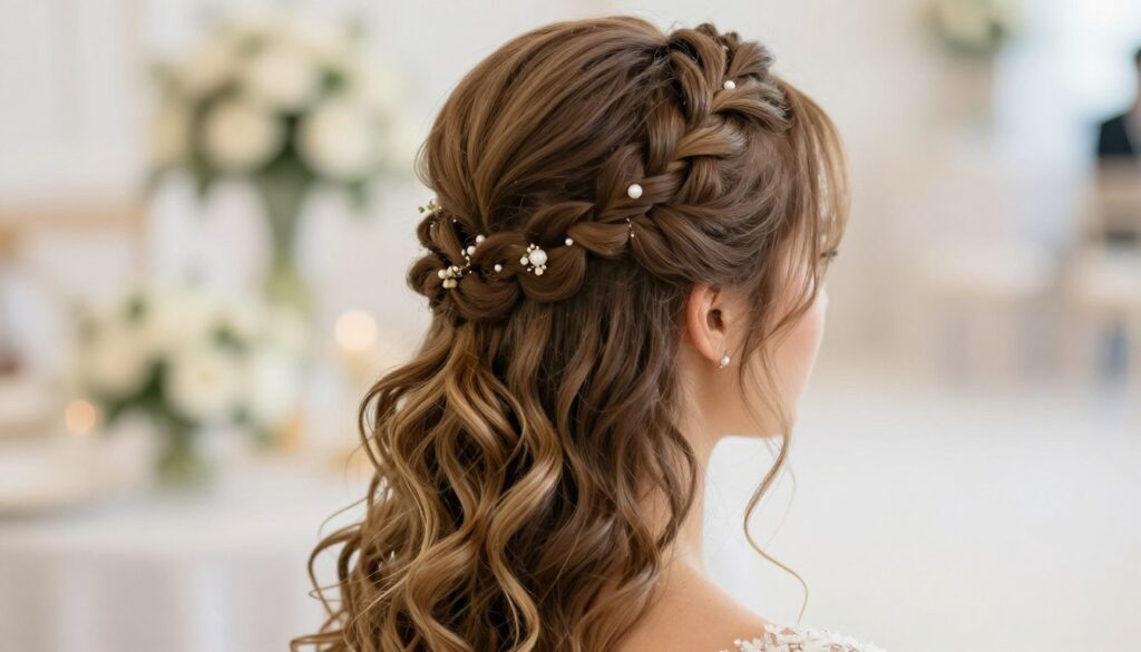 A close-up view of elegantly styled shoulder-length hair featuring intricate braids and woven elements, designed for a wedding atmosphere. The foreground highlights soft, cascading waves intertwined with delicate braids, accentuated by subtle hair accessories like small flowers or pearls. In the middle background, a blurred scene of a beautifully decorated wedding venue, with soft lighting to create a romantic ambiance. The overall mood reflects sophistication and grace, ideal for a wedding celebration. Use natural lighting to softly illuminate the hair, and position the camera at a slight angle to capture the texture and details of the hair styling, ensuring a dreamy and ethereal quality. A close-up view of elegantly styled shoulder-length hair featuring intricate braids and woven elements, designed for a wedding atmosphere. The foreground highlights soft, cascading waves intertwined with delicate braids, accentuated by subtle hair accessories like small flowers or pearls. In the middle background, a blurred scene of a beautifully decorated wedding venue, with soft lighting to create a romantic ambiance. The overall mood reflects sophistication and grace, ideal for a wedding celebration. Use natural lighting to softly illuminate the hair, and position the camera at a slight angle to capture the texture and details of the hair styling, ensuring a dreamy and ethereal quality.