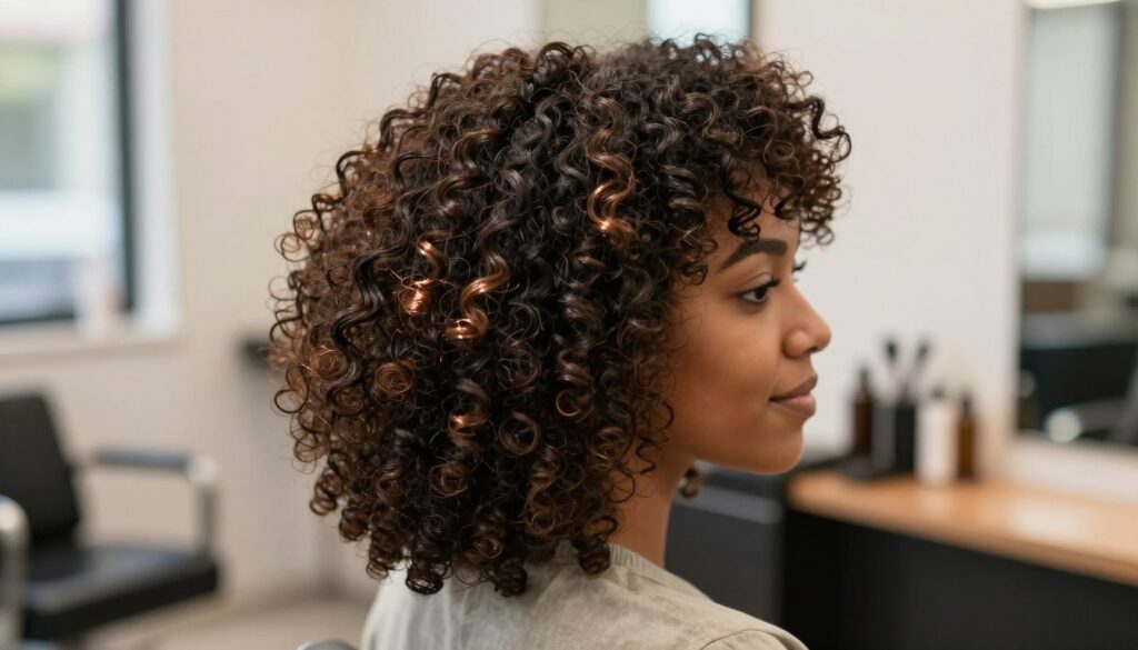 A close-up view of healthy afro-textured hair styled in a voluminous, well-defined curl pattern. The foreground showcases a smooth and shining hair strand, reflecting light, while in the middle, a head with naturally styled afro hair is seen from the side, highlighting the bounce and strength of each curl. The background features a softly blurred salon environment with warm, natural lighting that creates a cozy and inviting atmosphere. The model, a young Black woman, is dressed in modest casual clothing that reflects professionalism. Her expression exudes confidence and pride in her hair's natural beauty. The composition captures the essence of hair health and care, focusing on vibrancy and texture.