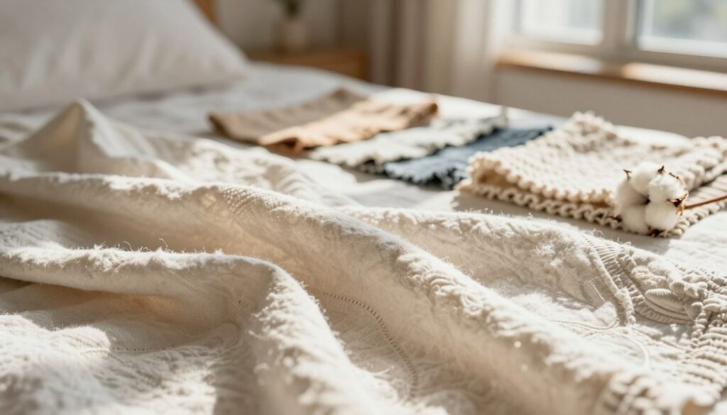 A close-up view of soft, fluffy cotton fabric, showcasing its natural texture and fibers. In the foreground, a gently crumpled light-colored cotton garment drapes elegantly, highlighting the detailed stitching and patterns. The middle ground features a variety of cotton items, like swatches of different colors and weaves, arranged artistically to emphasize their versatility. In the background, a softly lit, cozy environment, perhaps a light-filled room or a sewing space, adds warmth to the scene. Natural sunlight filters through a window, casting soft shadows and enhancing the fabric's texture. The overall mood is inviting and serene, emphasizing the comfort and practicality of cotton in everyday fashion, especially suitable for styling year-round outfits.