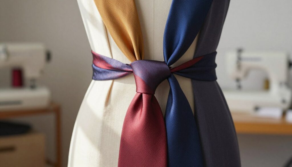 A close-up view of two elegant fabric ties in vibrant colors, artistically intertwined in an infinity knot. The foreground features the smooth textures and intricate patterns of the fabrics, showcasing their rich hues. In the middle, a soft-focus display of a well-tailored dress form wearing the tied dress, perfectly showcasing how the knots create flattering curves and an ideal fit. The background is subtly blurred, hinting at a cozy sewing studio with soft, natural light streaming in, casting gentle shadows that enhance the details of the fabrics. The atmosphere conveys creativity, elegance, and mastery of sewing techniques, emphasizing precision and artistry in garment design. A close-up view of two elegant fabric ties in vibrant colors, artistically intertwined in an infinity knot. The foreground features the smooth textures and intricate patterns of the fabrics, showcasing their rich hues. In the middle, a soft-focus display of a well-tailored dress form wearing the tied dress, perfectly showcasing how the knots create flattering curves and an ideal fit. The background is subtly blurred, hinting at a cozy sewing studio with soft, natural light streaming in, casting gentle shadows that enhance the details of the fabrics. The atmosphere conveys creativity, elegance, and mastery of sewing techniques, emphasizing precision and artistry in garment design.