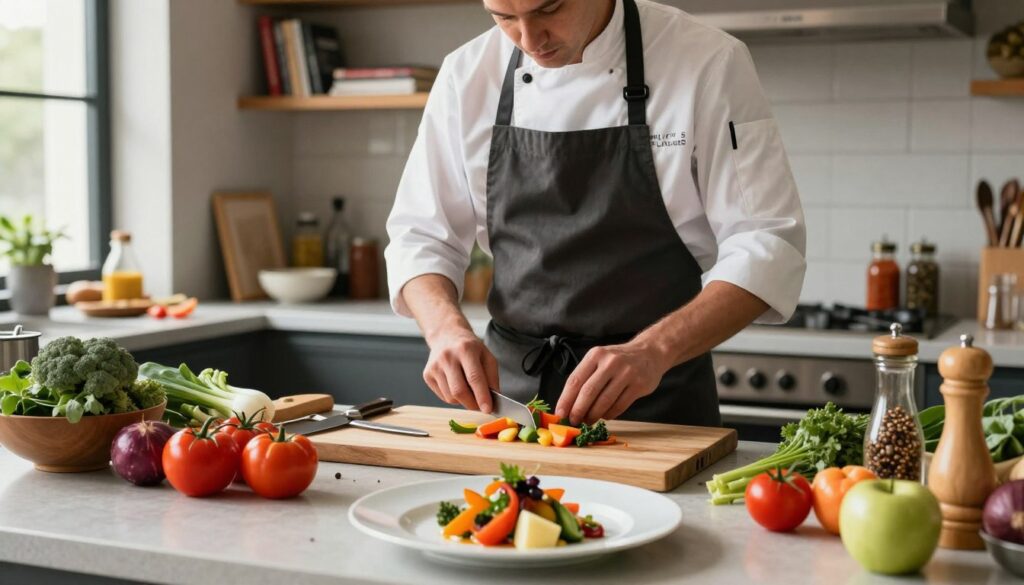 A contemporary kitchen setting featuring a professional chef in a stylish apron, actively engaging with an array of fresh, vibrant ingredients for a culinary project. In the foreground, a beautifully plated dish showcases colorful vegetables and exquisite presentation. The middle ground features the chef's tools, such as knives and a cutting board, arranged meticulously. The background includes shelves filled with cookbooks and an array of spices, suggesting a bustling culinary environment. Soft, natural lighting filters through a window, creating a warm and inviting atmosphere. The scene conveys creativity and professionalism, highlighting the fusion of gastronomy and media projects in a visually appealing and engaging manner.