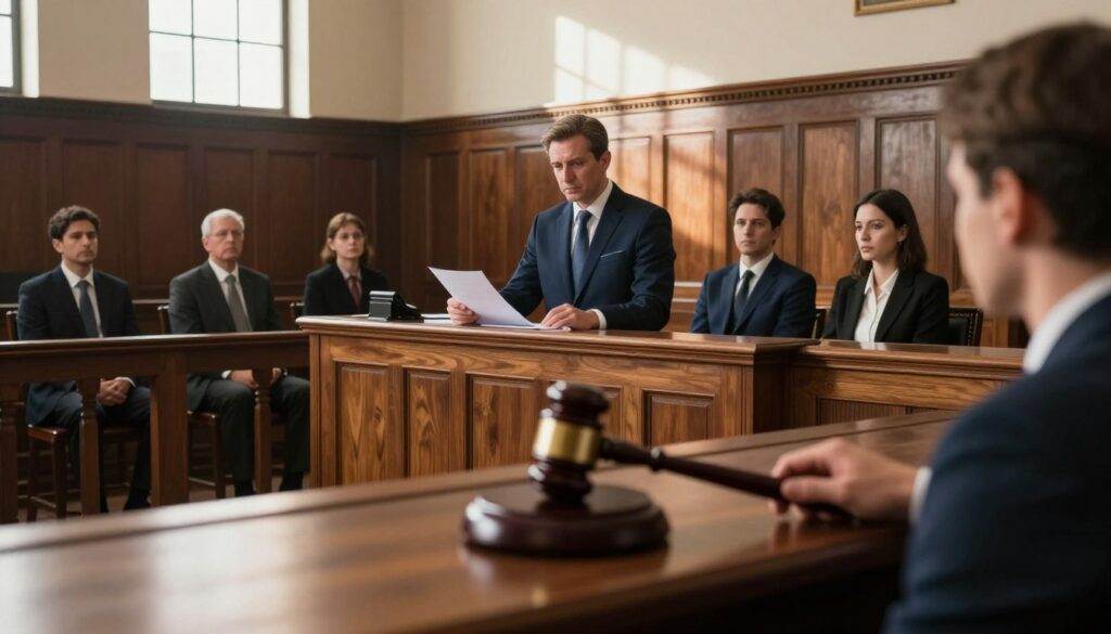 A courtroom scene emphasizing legal proceedings, featuring a judge's bench in the foreground with a gavel prominently displayed. In the middle ground, a serious lawyer in a navy suit is presenting evidence to an attentive jury, conveying tension in the air. The background features ornate wooden paneling and large windows allowing natural light to filter in, casting soft shadows across the room. The atmosphere is charged with anticipation, captured with a wide-angle lens to encompass the entire scene. The lighting is warm yet authoritative, enhancing the gravity of the legal situation. No people are speaking, but the expressions of concentration and concern are palpable, emphasizing the theme of legal controversies and court trials. A courtroom scene emphasizing legal proceedings, featuring a judge's bench in the foreground with a gavel prominently displayed. In the middle ground, a serious lawyer in a navy suit is presenting evidence to an attentive jury, conveying tension in the air. The background features ornate wooden paneling and large windows allowing natural light to filter in, casting soft shadows across the room. The atmosphere is charged with anticipation, captured with a wide-angle lens to encompass the entire scene. The lighting is warm yet authoritative, enhancing the gravity of the legal situation. No people are speaking, but the expressions of concentration and concern are palpable, emphasizing the theme of legal controversies and court trials.