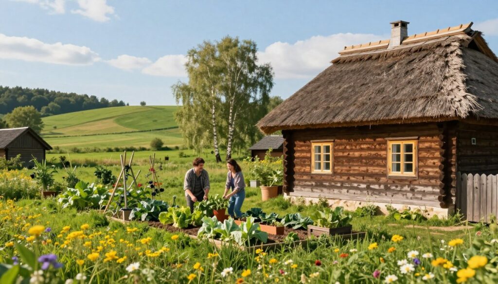 A cozy Podlaskie farmhouse, showcasing traditional wooden architecture with a thatched roof in the foreground, surrounded by lush green fields and vibrant wildflowers. In the middle ground, a couple is tending to a small vegetable garden, dressed in modest casual clothing, smiling at each other and enjoying their work together. The background features rolling hills, dotted with birch trees under a bright blue sky, with soft, warm sunlight bathing the scene, creating a peaceful and inviting atmosphere. A wide-angle perspective enhances the sense of space, capturing the essence of rural life as a central hub of their daily routine. The focus is on harmony with nature and companionship.