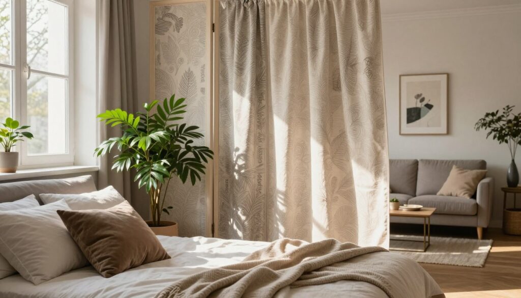 A cozy and inviting bedroom (sypialnia) seamlessly separated from a living room (salon) using textiles and greenery. In the foreground, plush cushions and a soft throw blanket are artfully arranged on a neatly made bed, while a potted plant with lush green leaves adds a pop of color. The middle layer features a stylish fabric divider adorned with intricate patterns, gently swaying with a soft breeze. The background showcases a warm and softly lit living space with a comfortable couch and decorative wall art, inviting relaxation. The atmosphere is serene and harmonious, illuminated by natural light streaming through large windows, casting gentle shadows across the room. The overall mood is tranquil and harmonious, perfect for depicting a peaceful home environment where boundaries are artistically blurred. A cozy and inviting bedroom (sypialnia) seamlessly separated from a living room (salon) using textiles and greenery. In the foreground, plush cushions and a soft throw blanket are artfully arranged on a neatly made bed, while a potted plant with lush green leaves adds a pop of color. The middle layer features a stylish fabric divider adorned with intricate patterns, gently swaying with a soft breeze. The background showcases a warm and softly lit living space with a comfortable couch and decorative wall art, inviting relaxation. The atmosphere is serene and harmonious, illuminated by natural light streaming through large windows, casting gentle shadows across the room. The overall mood is tranquil and harmonious, perfect for depicting a peaceful home environment where boundaries are artistically blurred.